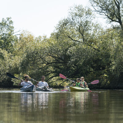 Blick auf den Fluss. Drei Personen in Kajaks paddeln an Ufer entlang.