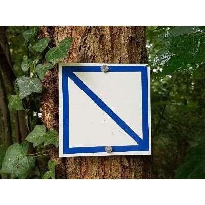 Tafel mit Symbol, welche als Wegweiser im Wald dient.