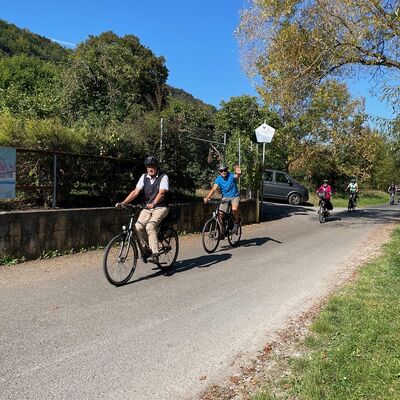Fahrradfahrer fahren auf einem Radweg.