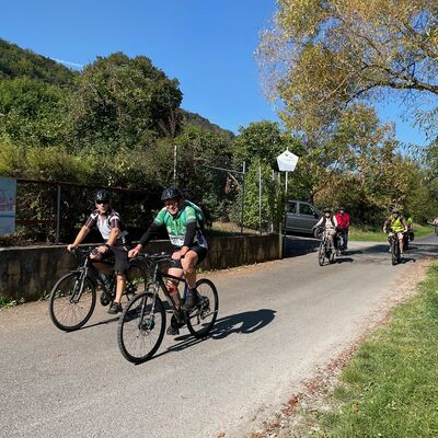 Fahrradfahrer fahren auf einem Radweg.