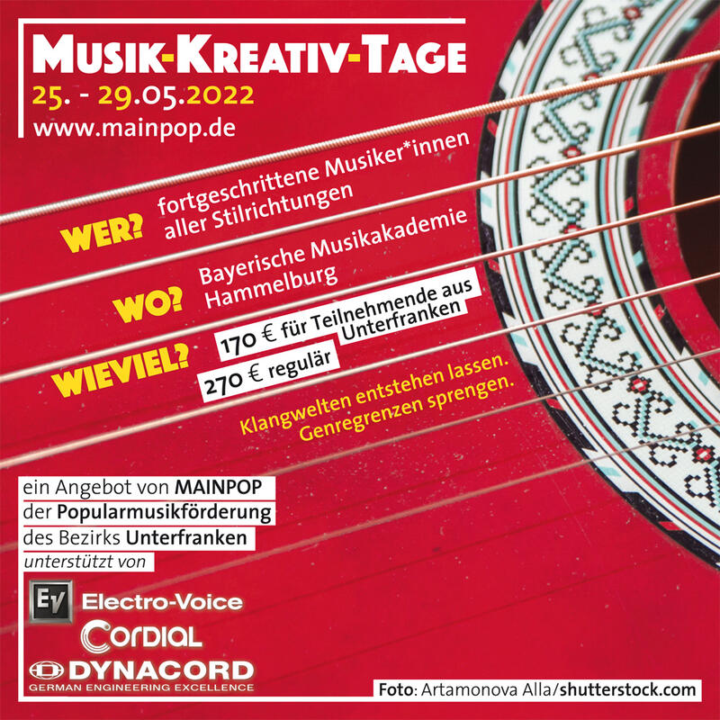 Bild vergrößern: Vom 25. bis 29. Mai finden in der Bayerischen Musikakademie die Musik-Kreativ-Tage statt - ein Angebot von MAINPOP, der Popularmusikförderung des Bezirks Unterfranken.